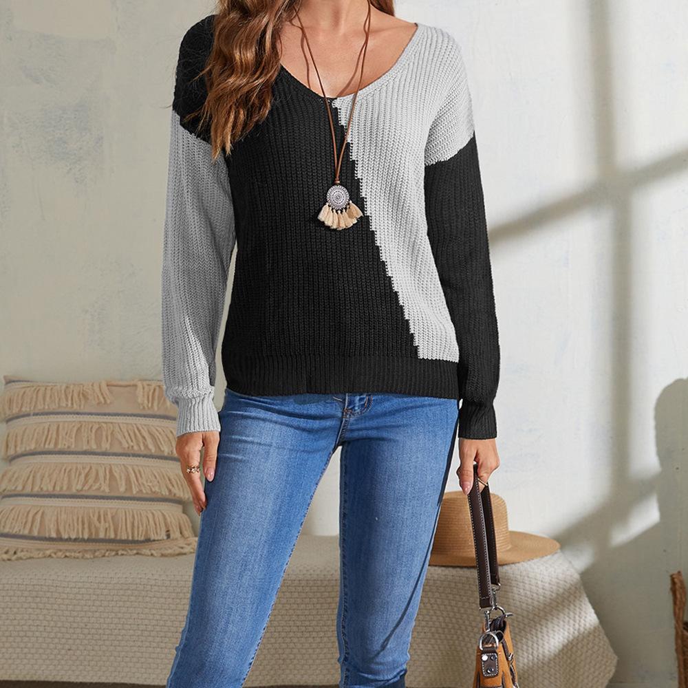 Women's Base Layer Pullover Thick Patchwork Knitted V Neck Sweater Elegant Versatile Top Fashionable and Versatile Luxurious Relaxed Versatile Top