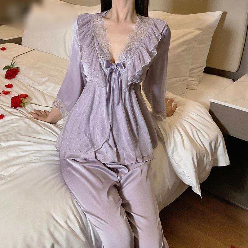 Bedroom lace lace satin set deep V sweet lace top trousers two-piece suit