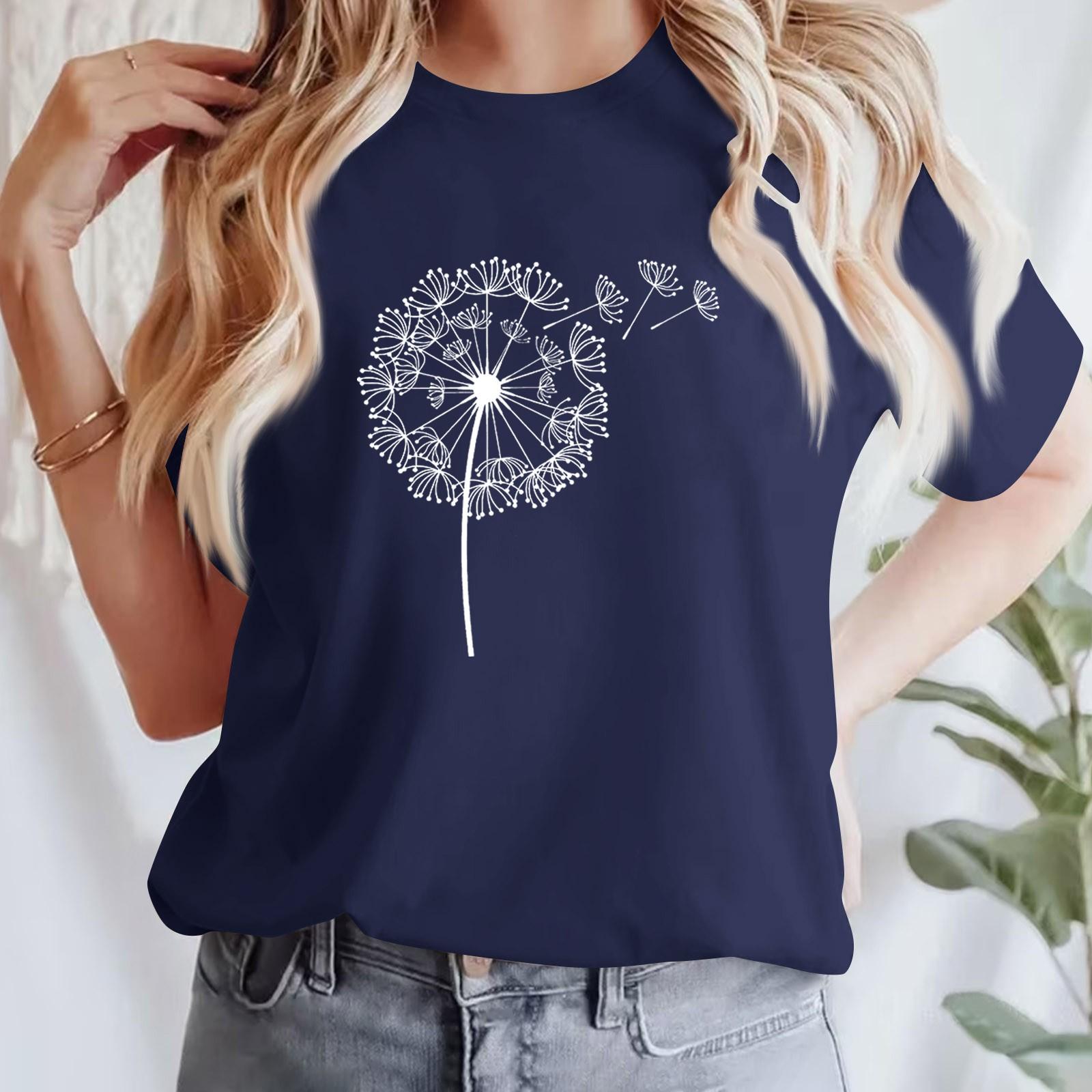 

Женская повседневная футболка с принтом, пуловер с круглым вырезом, топ с короткими рукавами S тёмно-синий