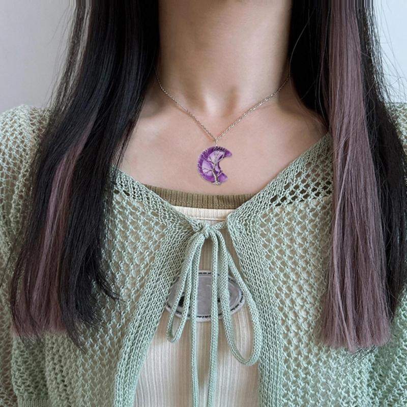 Crescent Pendant Necklace Moon Shape Crystal Necklaces for Women Men Natural Stone Collar Chain Choker Jewelry