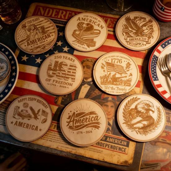 Zestaw 8 sztuk podkładek pod kubki na Dzień Niepodległości USA Naturalne lite drewno Grawerowane na 250. rocznicę Patriotyczne podkładki Odporne na ciepło Mata pod kubek Retro tekstura Dom