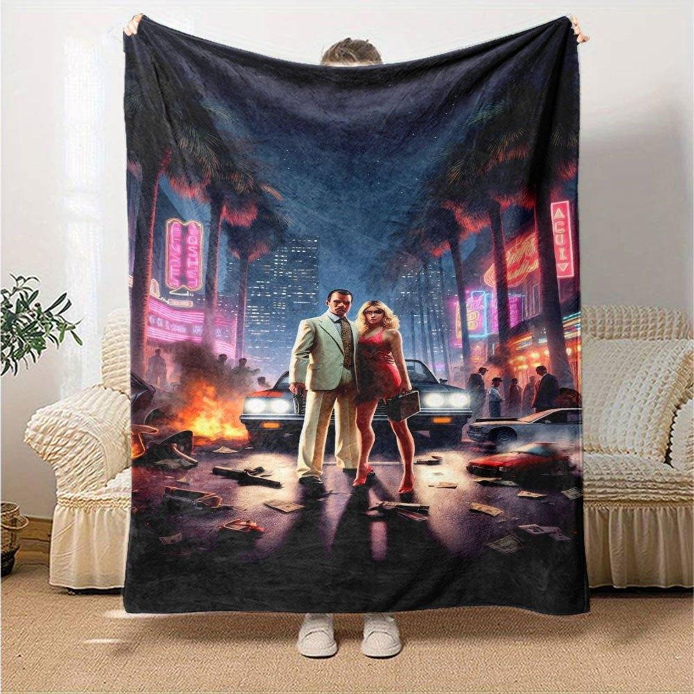 1pc Grand Theft Auto Soft Flannel Blanket with Designer Print A cozy blanket for all seasons, perfect for the couch, bed, office