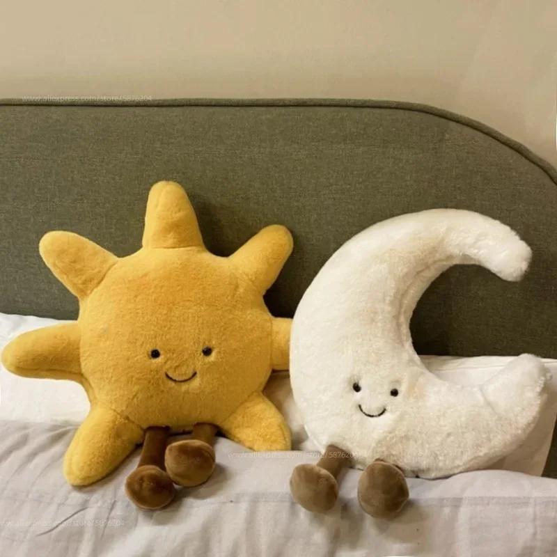 Smile Face Moon Yellow Sun Plushie Cushion Stuffed Cute Weather Plush Toy for Kid Bedroom Decor Sofa Throw Pillow for gift