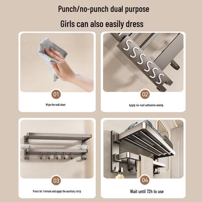 No-Drill Foldable Bathroom Towel Rack with Hooks and Storage Shelf