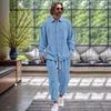 Men's Casual Collar Long Sleeved Shirt Long Pants Cotton Linen Set