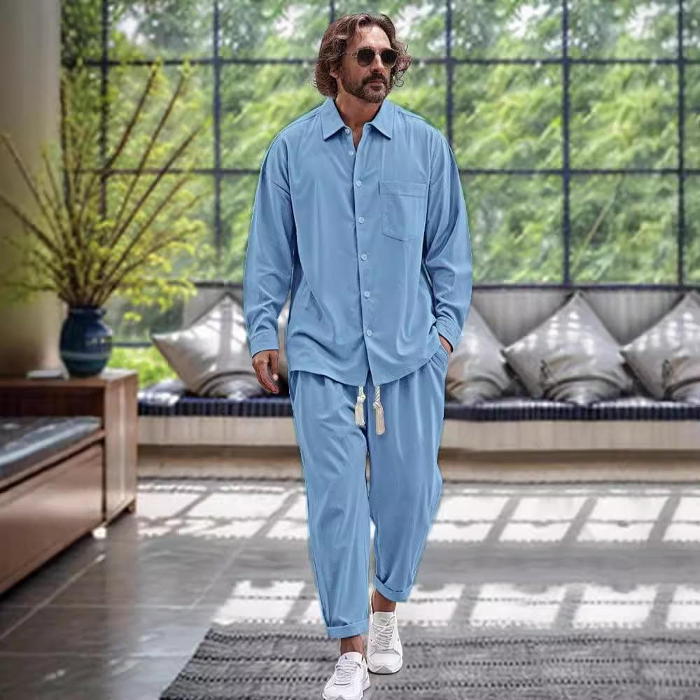 

Мужская повседневная рубашка с длинными рукавами и воротником, длинные брюки, комплект из хлопка и льна XXL небесно-голубой