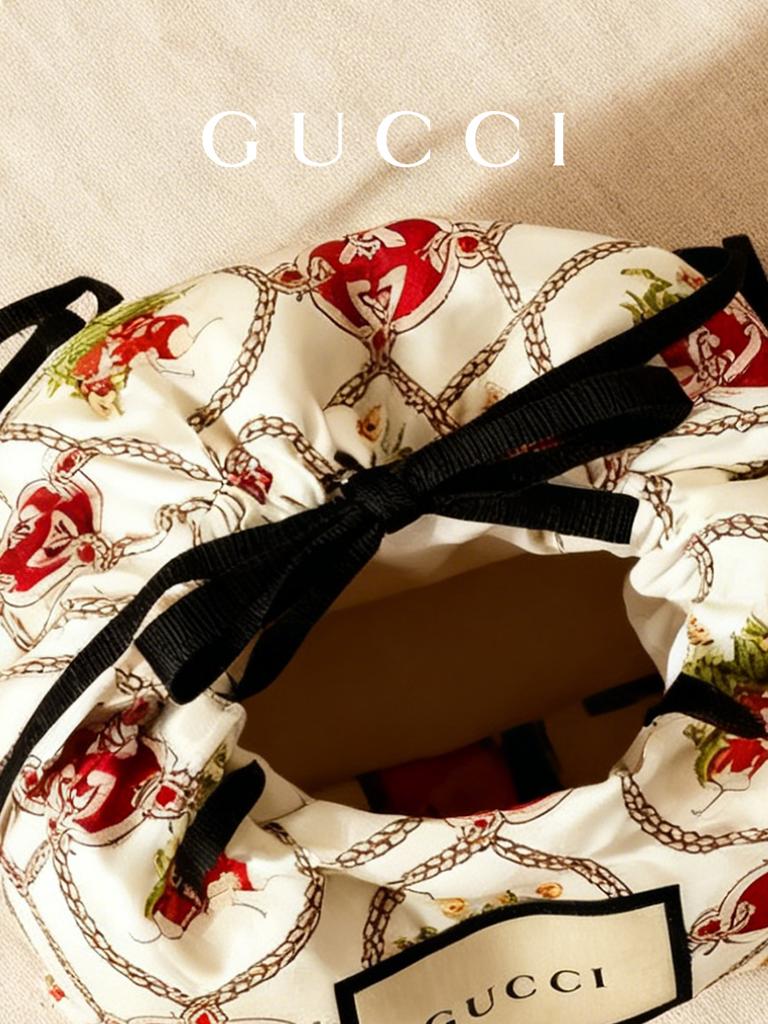 Vintage Floral Drawstring Pouch Bag, Rope Chain Print Makeup Organizer, Elegant Jewelry Storage Gift Bag GUCCI-GIFT-63