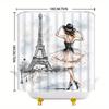 Elegant Parisian Shower Curtain - Woman & Eiffel Tower Design with Pastel Sky, Dreamy Look, Washable Polyester
