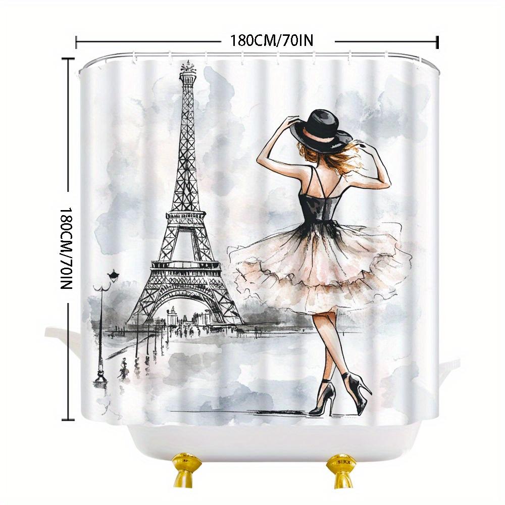 Elegant Parisian Shower Curtain - Woman & Eiffel Tower Design with Pastel Sky, Dreamy Look, Washable Polyester