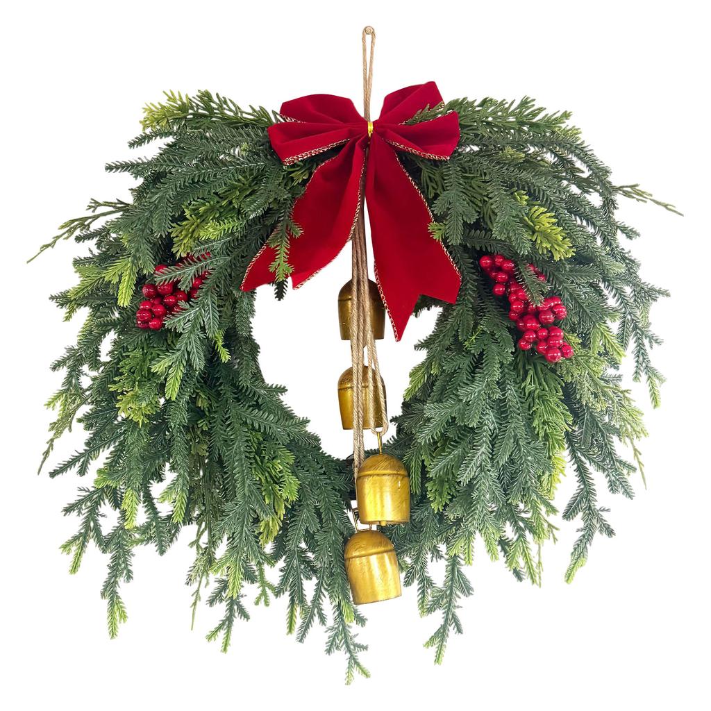 19.7In Artificial Christmas Wreath With Bell Xmas Garland Multifunctional With Red For Indoor Outdoor Decor Sturdy