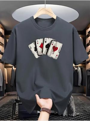 Summer Men's 100% Pure Cotton Poker Card Graphic Print Casual Loose Sports Comfortable Round Neck Short Sleeved T-shirt Top