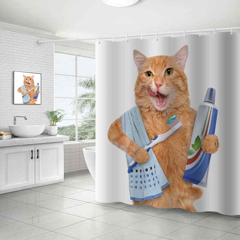 Funny Cat Shower Curtains 72 x 72 inch,Bathing Cat Waterproof Polyester Fabric Bathroom Curtain with 12 Hooks