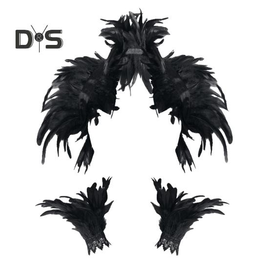 

1 комплект поддельный воротник с кольцом на запястье готический стиль перьевая шаль имитация перьев ажурное кружево унисекс модель сценическое шоу представление Хэллоуин косплей чёрный