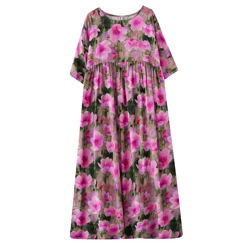 DIMANAF 2025 Women Plus Size Summer New Vintage Floral Dress Holiday Long Basic Short Sleeve Casual Loose Dress