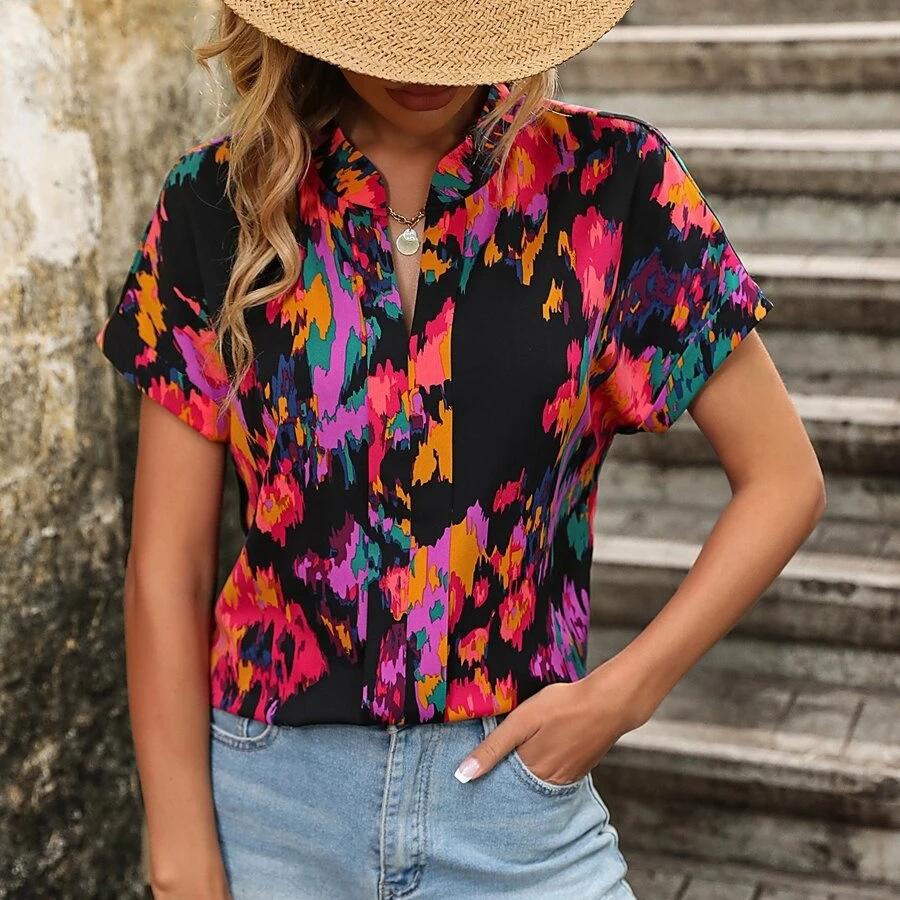 Summer Retro Ladies Short Sleeve Printed T-Shirt Casual Loose Blouse Pullover Tops