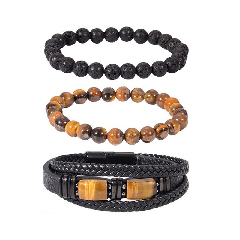 Tiger Eye Stone Bracelet Volcanic Stone Bracelet Fashionable Versatile Leather Men's Set