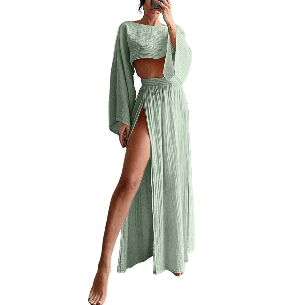 Costum din două piese pentru petrecere a timpului liber pentru damă, cu talie înaltă, din bumbac și in