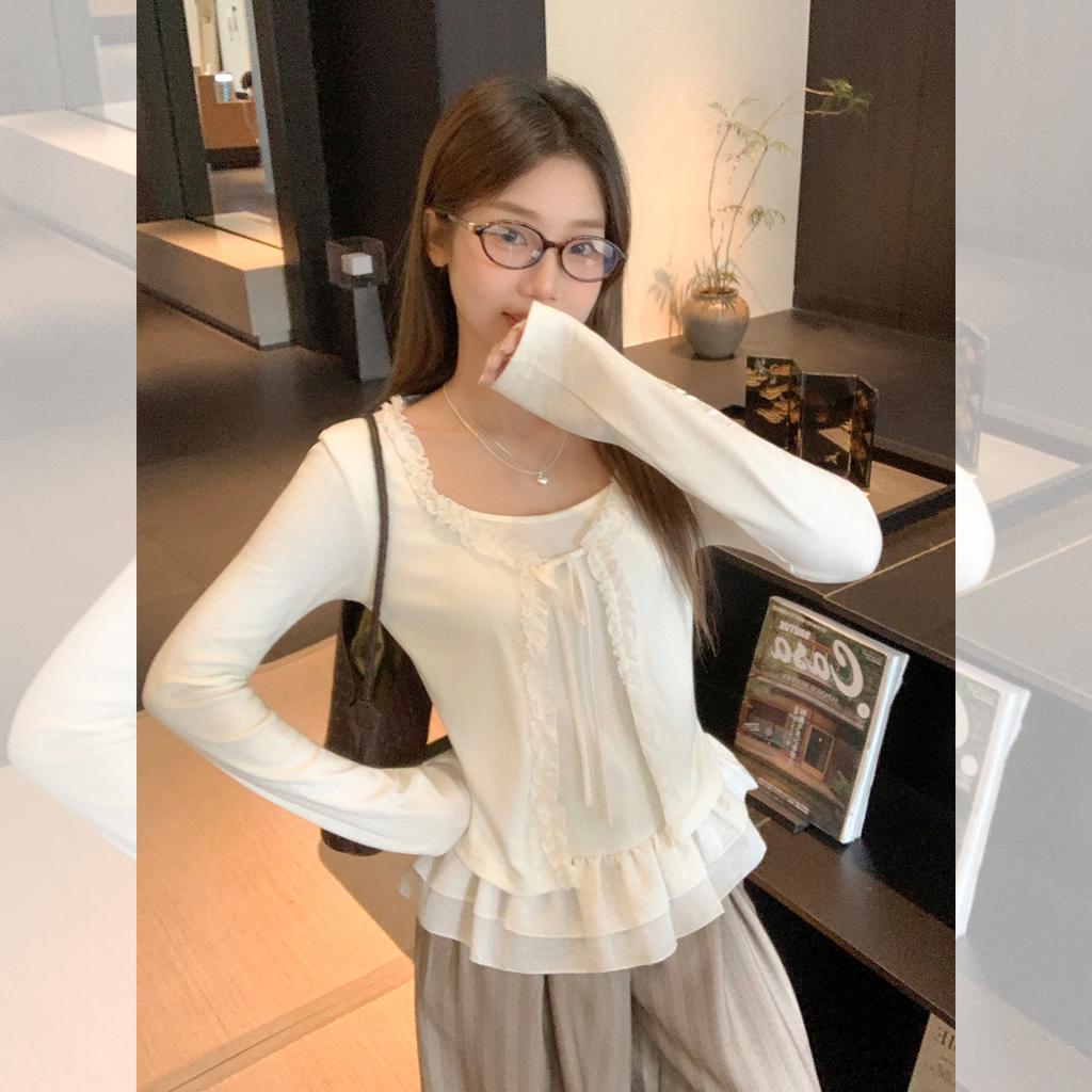 Pure Desire Fake Two-piece Hem Splicing Design Sense Long-sleeved T-shirt Women's Early Autumn Bottoming Shirt Fungus Lace Top