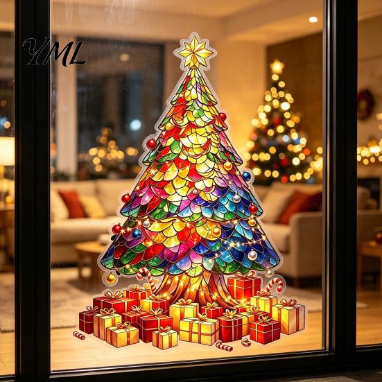 Festive Home Decor Stained Glass Style Christmas Tree Window Stickers, Removable PVC Static Cling Decals for Creative Holiday Gift Ideas Decor,