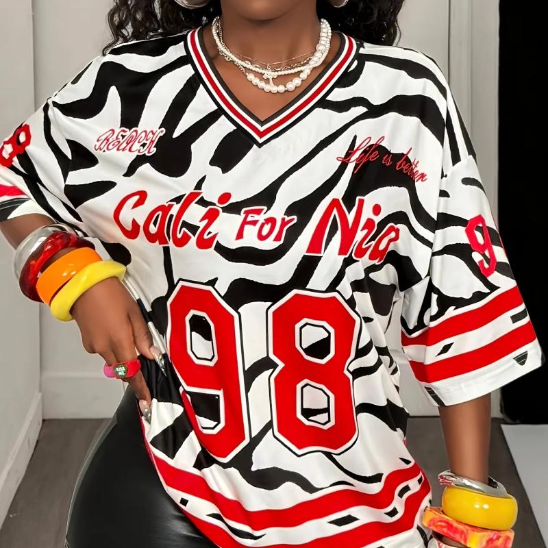

Women Los AngelesLetter Print V-Neck Short Sleeve T-Shirt Summer Graphic Tee Baseball Jerseys Oversized Sport T-Shirt S