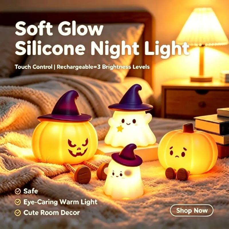 Rechargeable Halloween Led Night Light Cute Squishy Cartoon Kids Silicone Nursery for Bedroom Holloween Pumpkin Bedside Portable