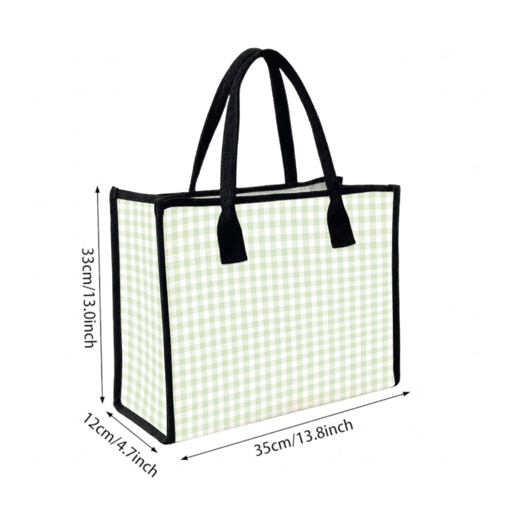 Light Green Gingham Canvas Tote Bag Casual Daily Large Capacity Women Shopping Handbag