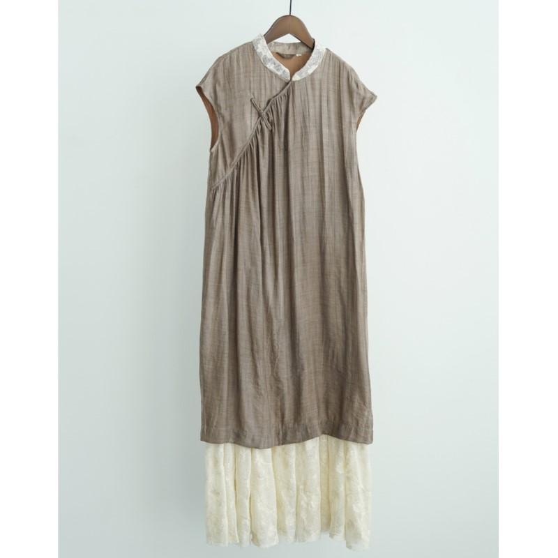 Johnature Women Vintage Jacquard Dresses Stand Sleeveless Button Summer Patchwork Lace Chinese Style Soft A-Line Dress