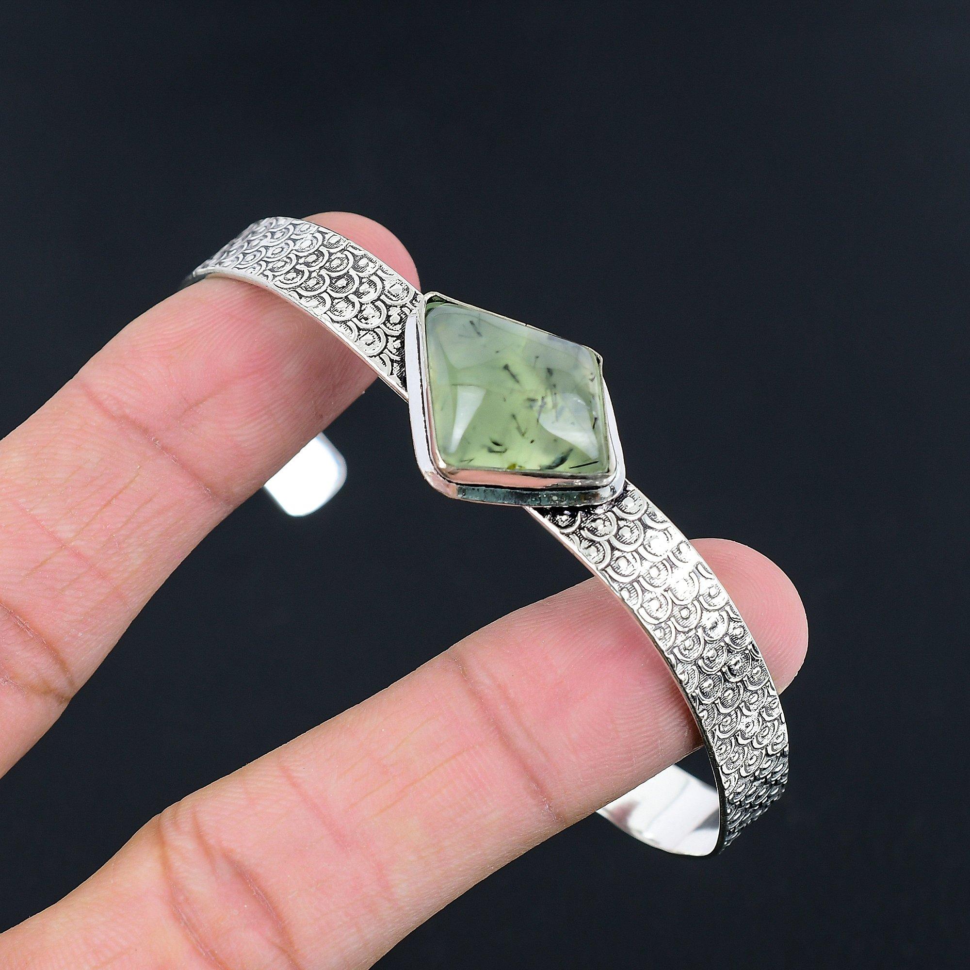 

925 Silver Natural Moss Moss Prehnite Art Deco Sister Unique New Bangle Bracelet Adjustable