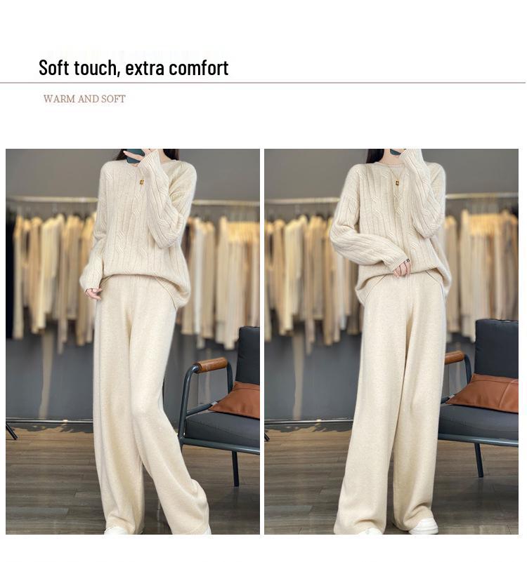 2025 Autumn/Winter Pure Wool Cable Knit Set: Round Neck Sweater & Sequin High-Waist Wide-Leg Pants