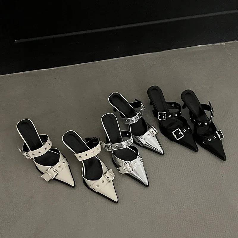 Fashion Rimocy Punk Goth Metal Buckle High Heels Women's Sandals Summer Pointed Toe Silver Party Shoes Fashion Womens Pumps Shoes
