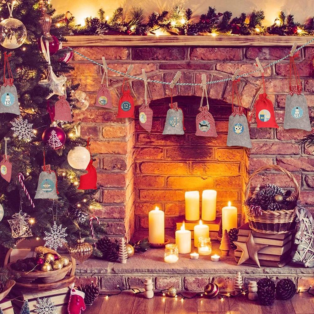 24 st Julset Dragpåse 1-24 Julkalender Nedräkning Hängande Påse Förpackning Presentförvaringspåse