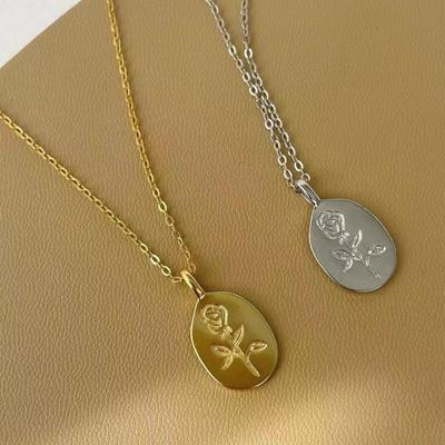 Gold Plated Birth Flower Cameo Round Pendant Necklace for Women Personalized Aesthetic Jewelry Birthday Gifts