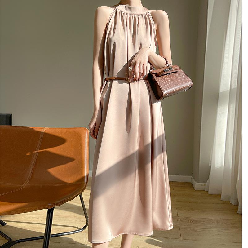 2024 Summer Women's French Retro Acetate Satin Halter Neck Sleeveless Dress