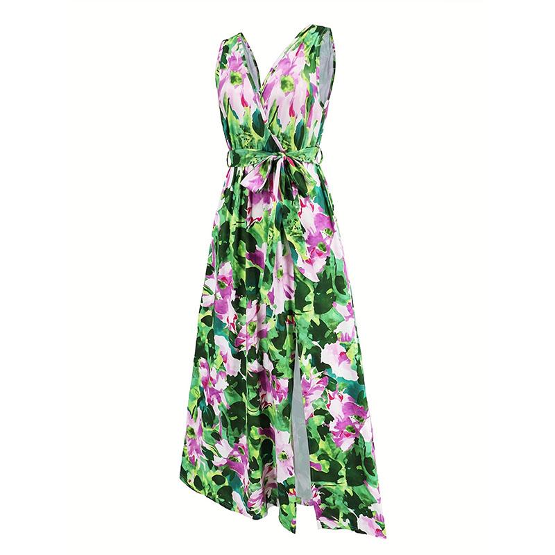 

Женское летнее платье без рукавов с V-образным вырезом в богемном стиле с цветочным принтом на талии и длинным разрезом с высоким разрезом XXL зелёный