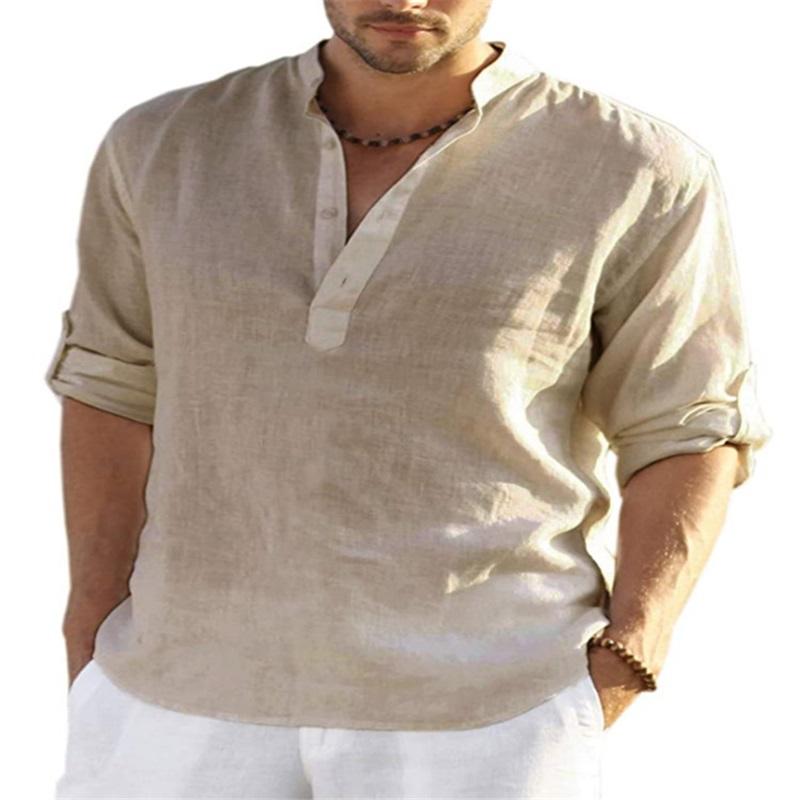 Men's Linen Long Sleeved T Shirt Loose Undershirt Solid Color Long Sleeved Cotton And Linen Shirt Men's Plus Size