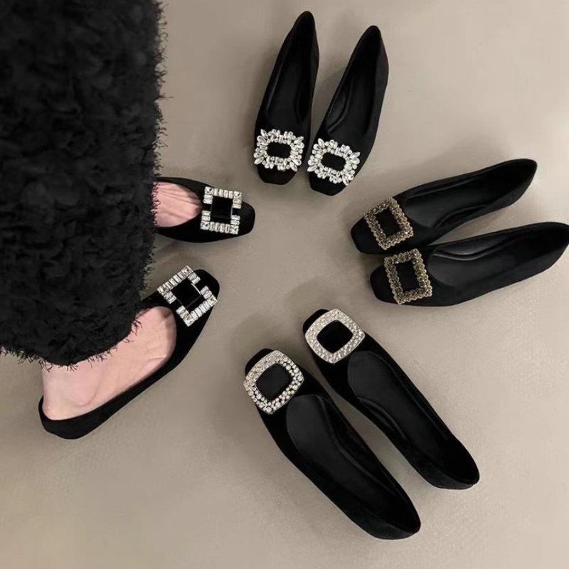 Mode Flatskor för kvinnor 2025 Vår och Höst Svarta Strass Nya Fyrkantiga Tå Loafers Plus Size Damskor 44 42 43