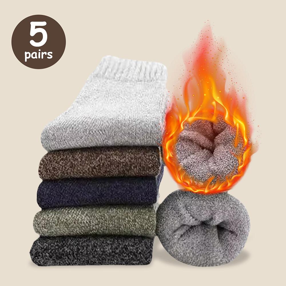 3/5 Pairs Men'S Warm Socks, Thick Towel Mid-Calf Socks, Anti-Cold Snow Boots Socks Elastic Solid Color