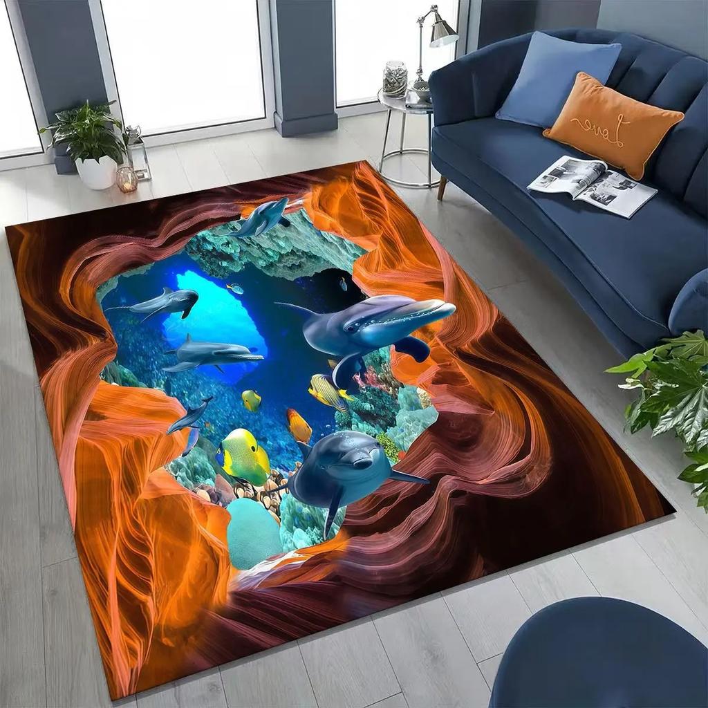3D Meeresstrand Teppich Matte Teppich Illusion Design Heimdekoration Rutschfeste Wohnzimmer Bodenmatte mit Delfin Koralle Visuellem Effekt