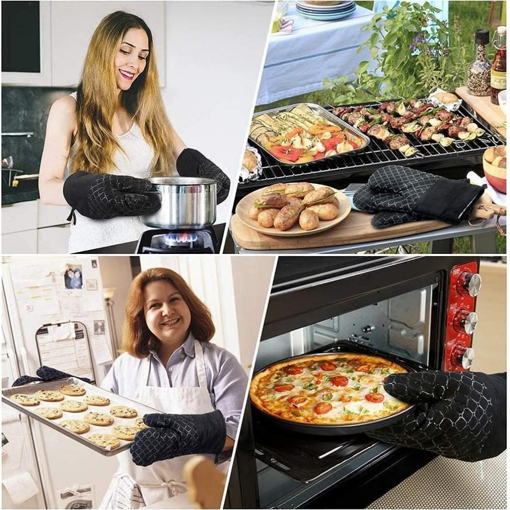 4-piece set of oven gloves and pan pads, 500°F kitchen heat insulation gloves, anti-slip silicone striped oven gloves, heat-resi