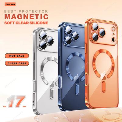 Capa Magnética Transparente Brilhante com Glitter para iPhone 17 Air 16E 13 11 12 16 17 Pro Max 16 15 14 Plus Capa Protetora Magsafe