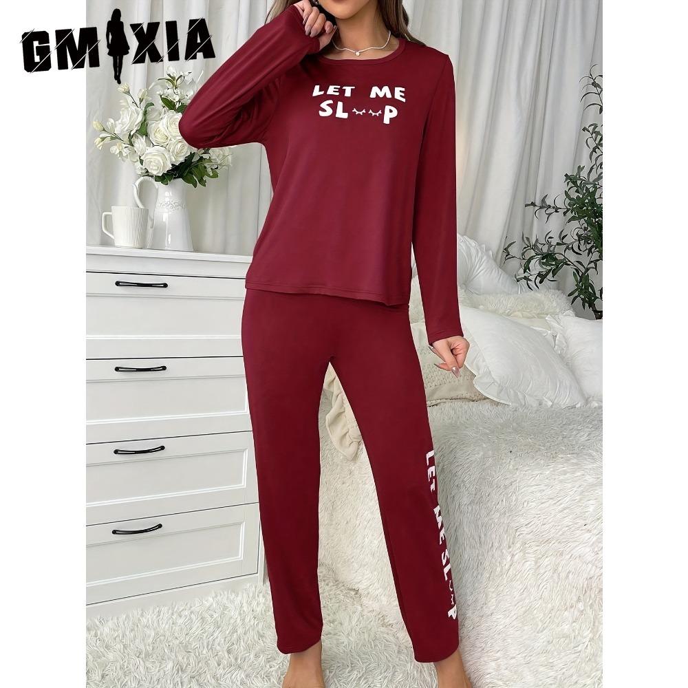 GMXIA Pyjamas Homewear Letters Long-sleeved Tops and Trousers Loose Casual Comfortable Two-piece Set Can Be Worn Outside