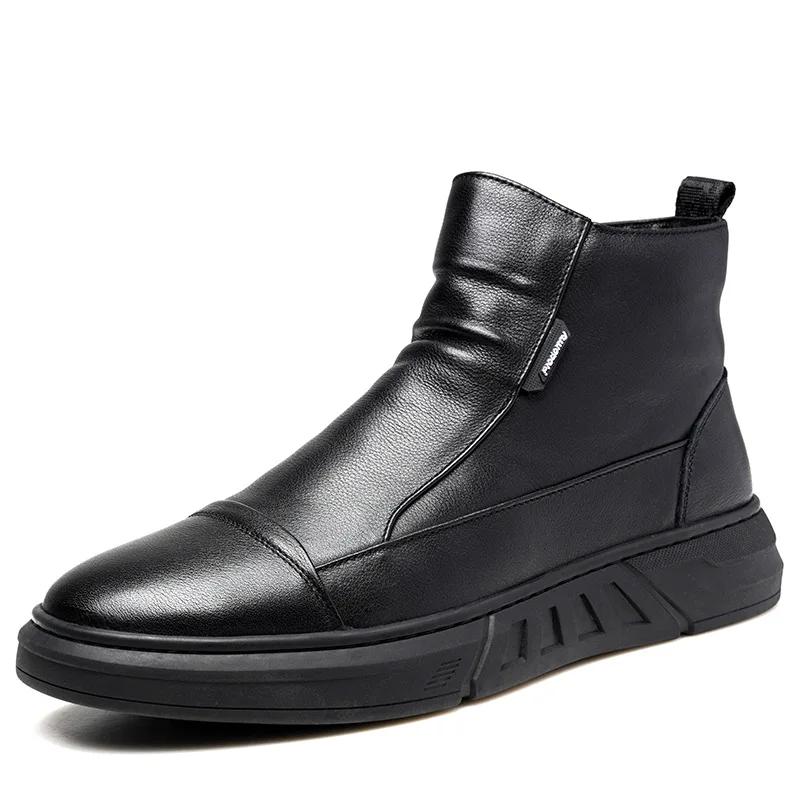 New Men Black Leather Boots Fashion High Top Leather Ankle Boots Motorcycle Lace-up Platform Casual Shoes