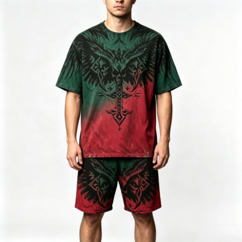 Summer Gothic Style Vintage Skull Cross Printed Round Neck Short Sleeved T-Shirt And Shorts Set Men's and Women's T-shirt Shorts Set