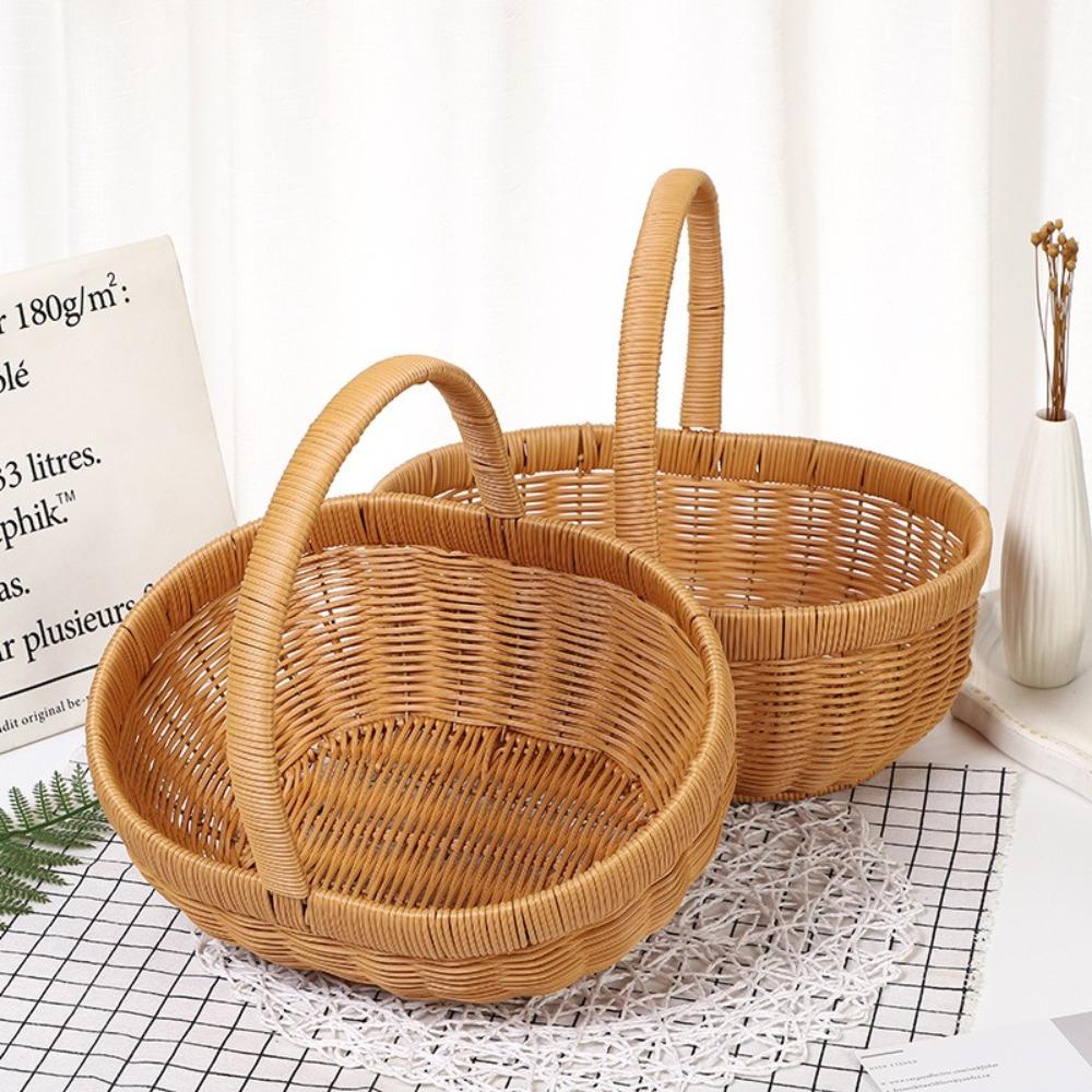 Handmade Bamboo Flower Basket Long Handle Fruit Storage Bin Kitchen Accessories