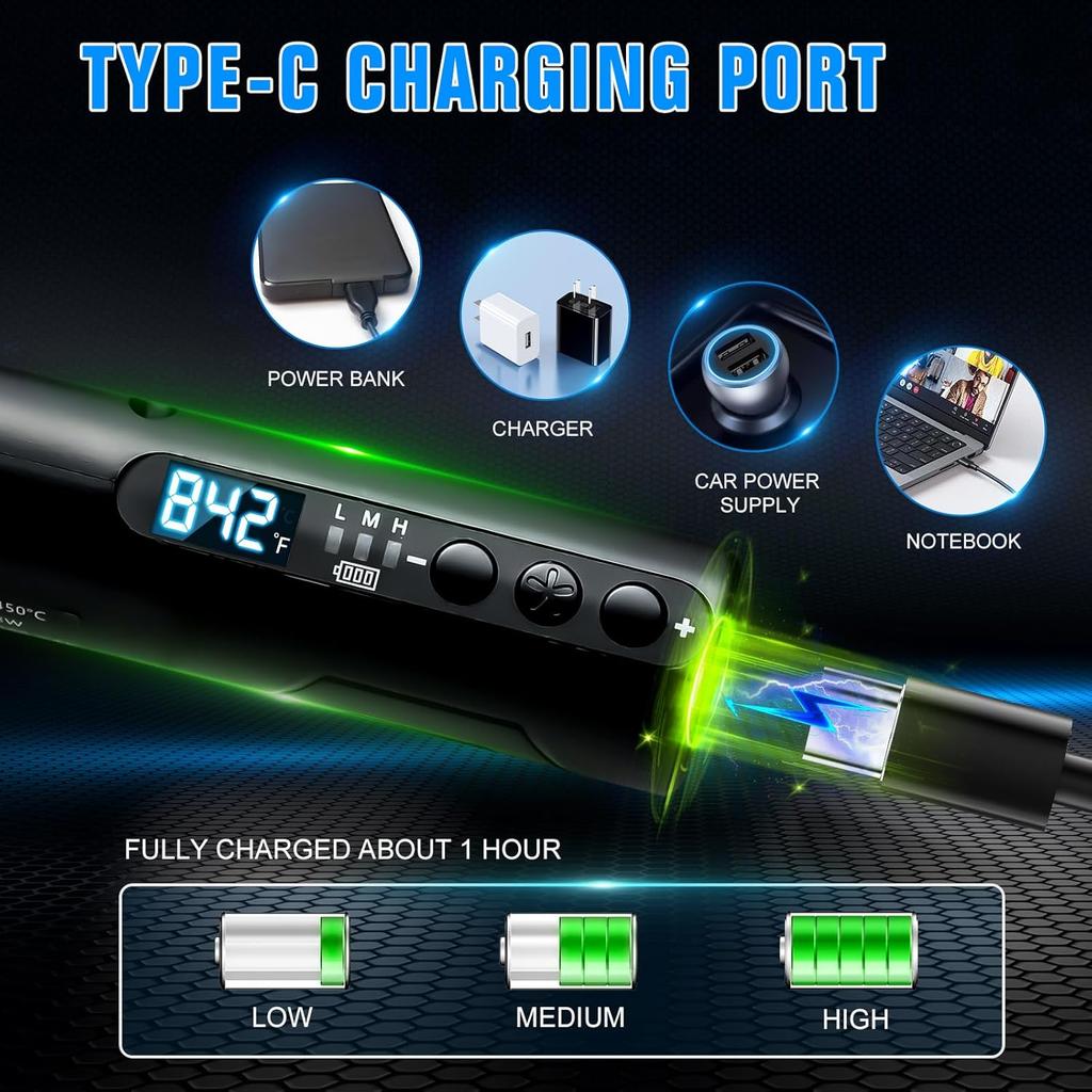 Soldering Iron Kit, Portable Soldering Gun with LED Digital Display, 392-842°F Adjustable Temperature Cordless Soldering Iron Pen Tool with 3
