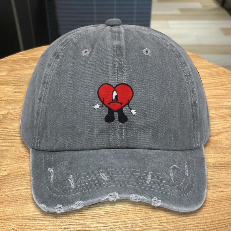 Bad Bunny Style Baseball Cap Hip Hop Rapper Red Love Heart Ripped Unconstructed Sun Protection Distressed Outdoor Sport Hat