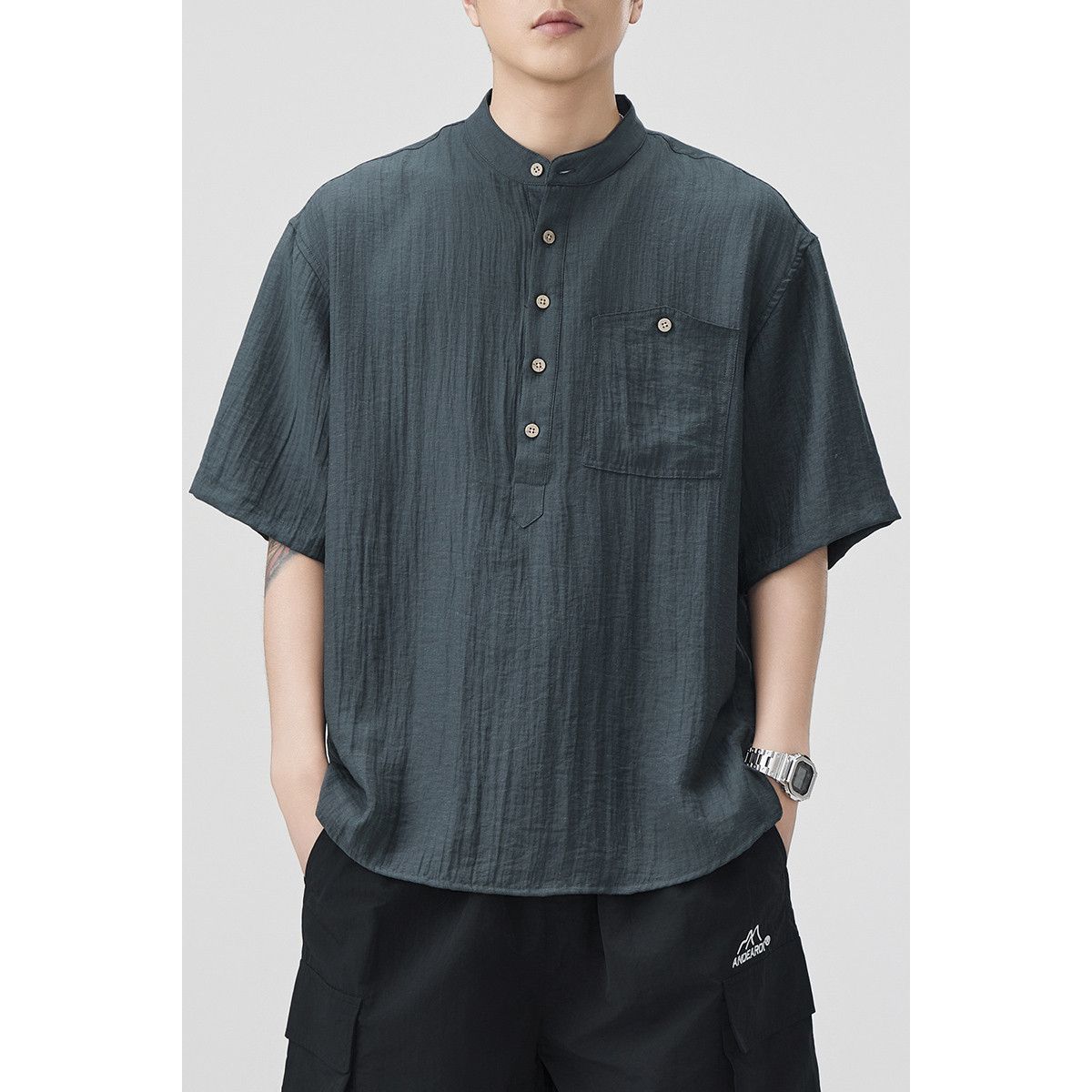 

Men s Oversized Linen Blend Shirt Stand Collar Half Placket Short Sleeve Solid Color Casual Breathable Top L