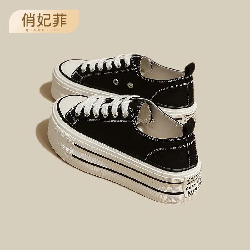 Platform canvas shoes women's 2025 new Korean version of white shoes sports and leisure shoes heightening round head lace-up low-top board shoes