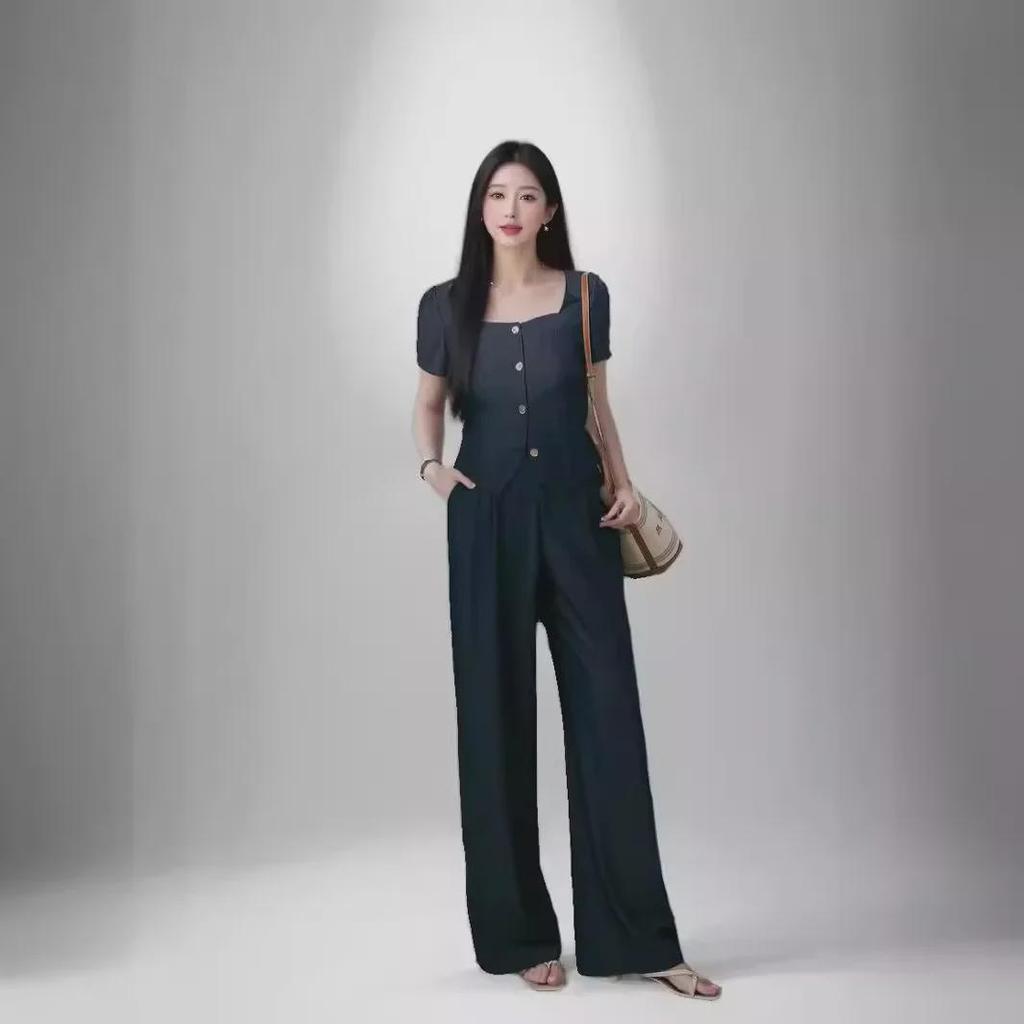 [In Stock] Plus Size Women's Retro Denim-Look Top & Wide-Leg Pants Summer Slimming Set 6160