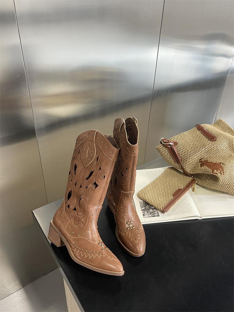 2025 Summer New Retro Xinjiang Cowboy Boots Women's Hollow Boots Are Fashionable But Knee-thin Boots